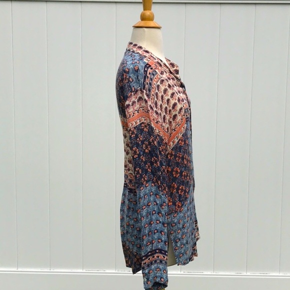 Free People Caravan Patchwork Printed Button Front Rayon Blouse Size Medium - Picture 8 of 15